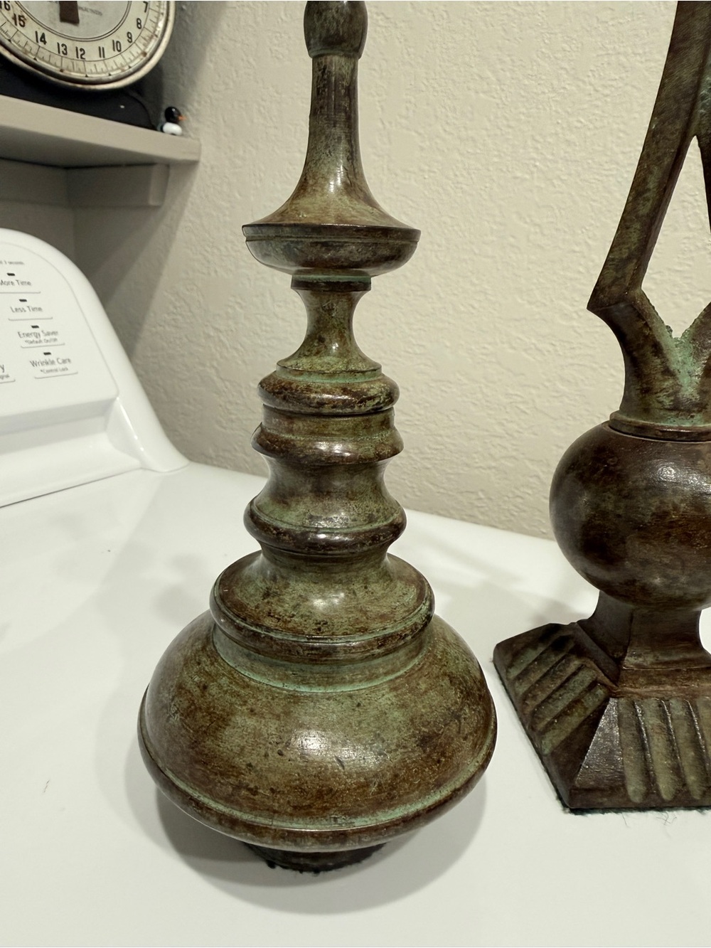 Vintage Bronze-Green Decorative Finial Pair Heavy Sculptural Mantel Accents - Picture 14 of 15